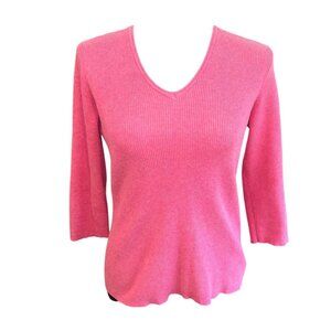 Eddie Bauer Pink Stretch Pima Cotton V-Neck Ribbed Knit Sweater 3/4 Sleeves L